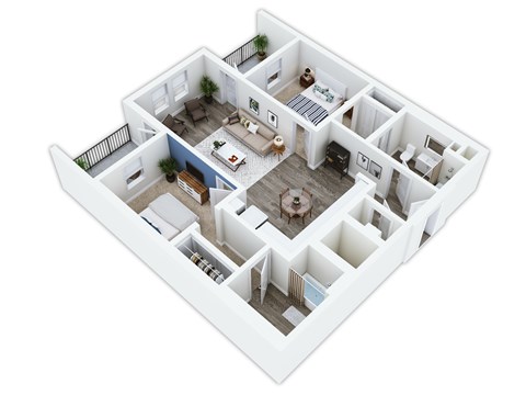 Floor plan for 2 beds, 2 baths, 1051 sqft